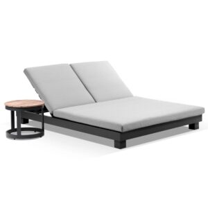 wp-image-tigress-36814.jpg "Hawaii" Hamptons Style Double Aluminium Sun Lounge in Charcoal with Olefin Grey Cushion & Round Side Table