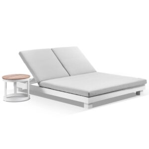 "Hawaii" Hamptons Style Double Aluminium Sun Lounge in White with Olefin Grey Cushion & Teak Look Round Side Table