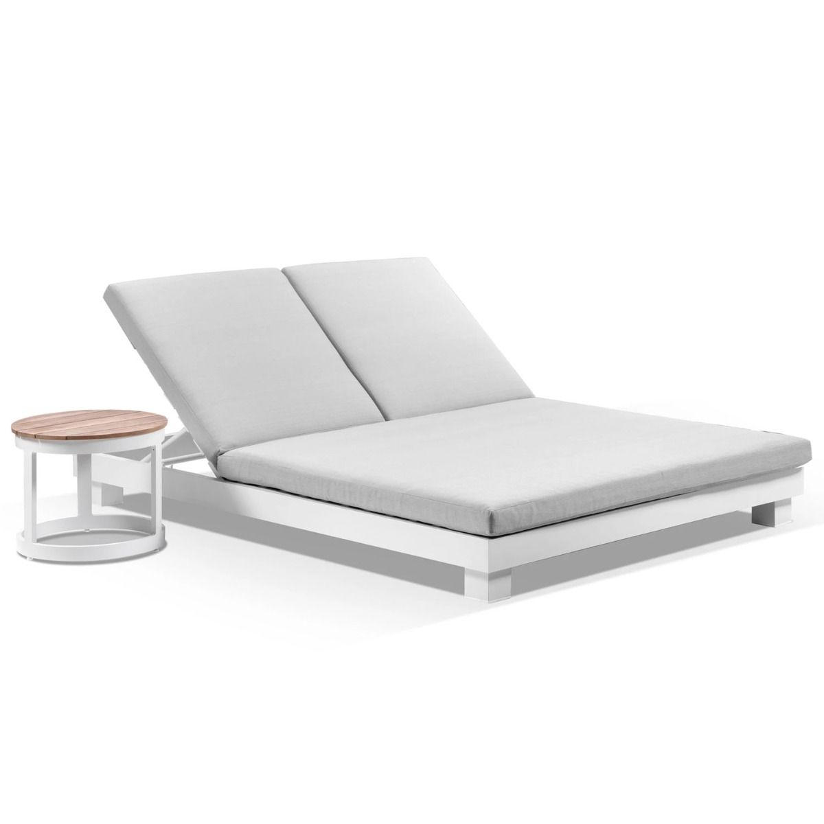 "Hawaii" Hamptons Style Double Aluminium Sun Lounge in White with Olefin Grey Cushion & Teak Look Round Side Table