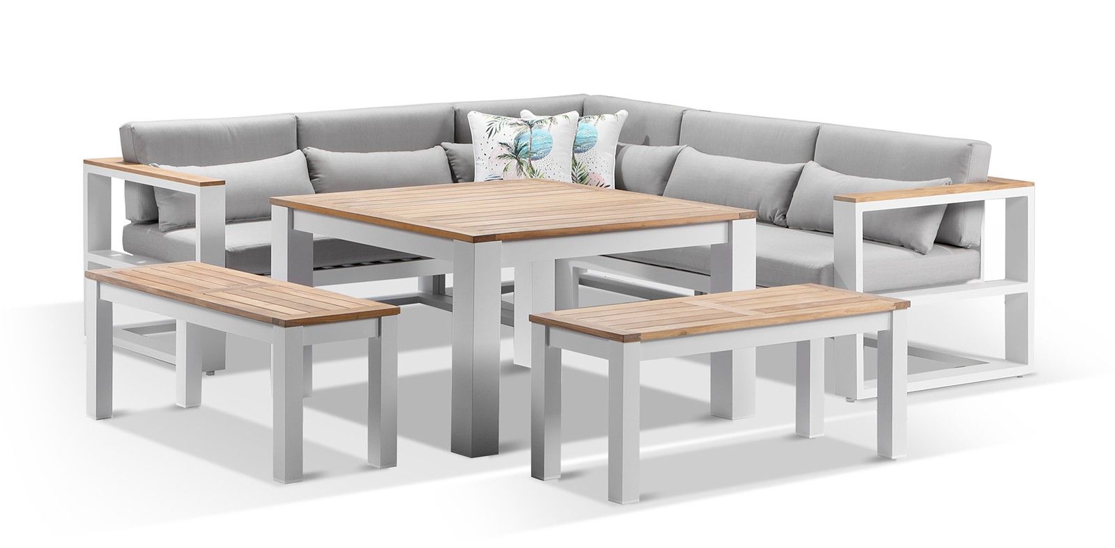 "Newport" Hamptons Style Outdoor Aluminium Lounge & Dining Setting in White with Olefin Grey Cushions