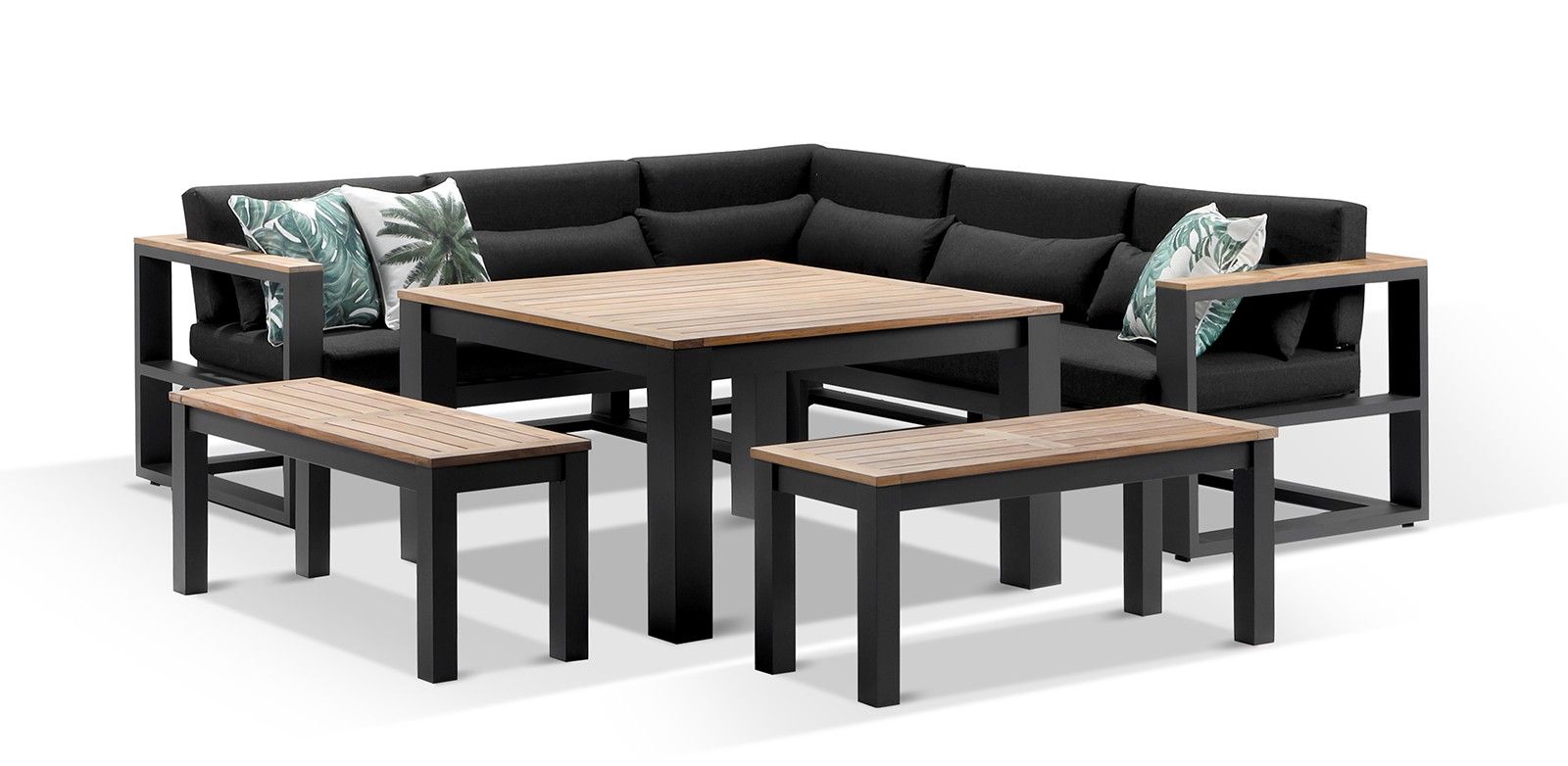 "Newport" Hamptons Style Outdoor Aluminium Lounge & Dining Setting in Charcoal with Denim Grey Cushions