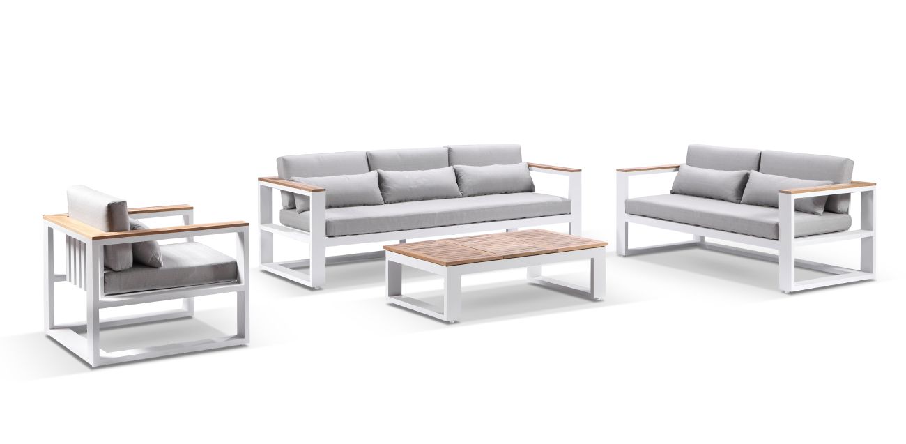"Newport" Hamptons Style Outdoor Aluminium 3, 2 & 1 Seater Lounge Setting with Coffee Table in White with Olefin Grey Cushions