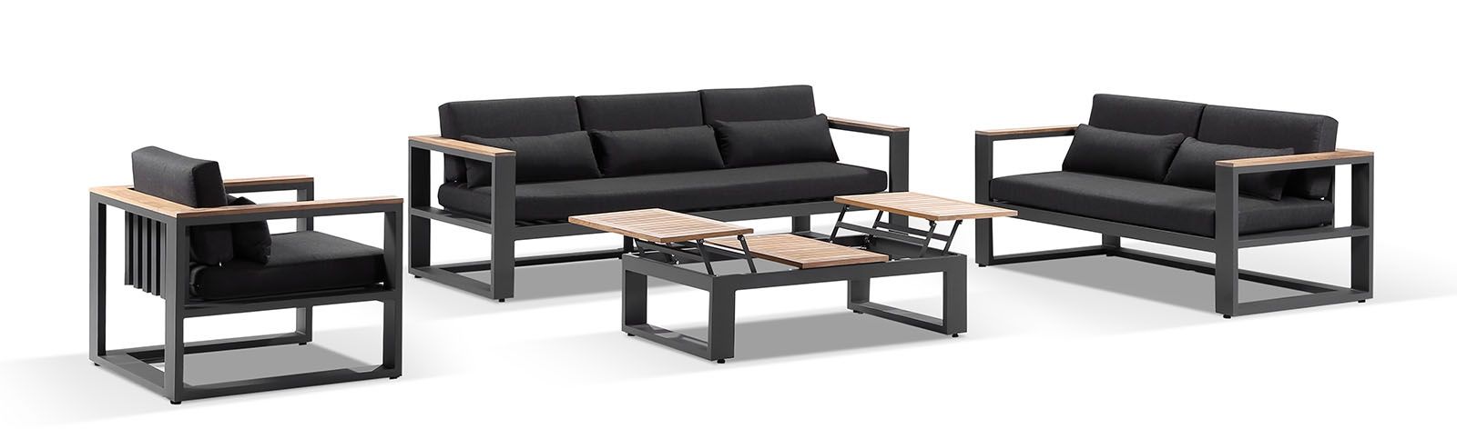 "Newport" Hamptons Style Outdoor Aluminium 3, 2 & 1 Seater Lounge Setting with Coffee Table in Charcoal with Denim Grey Cushions