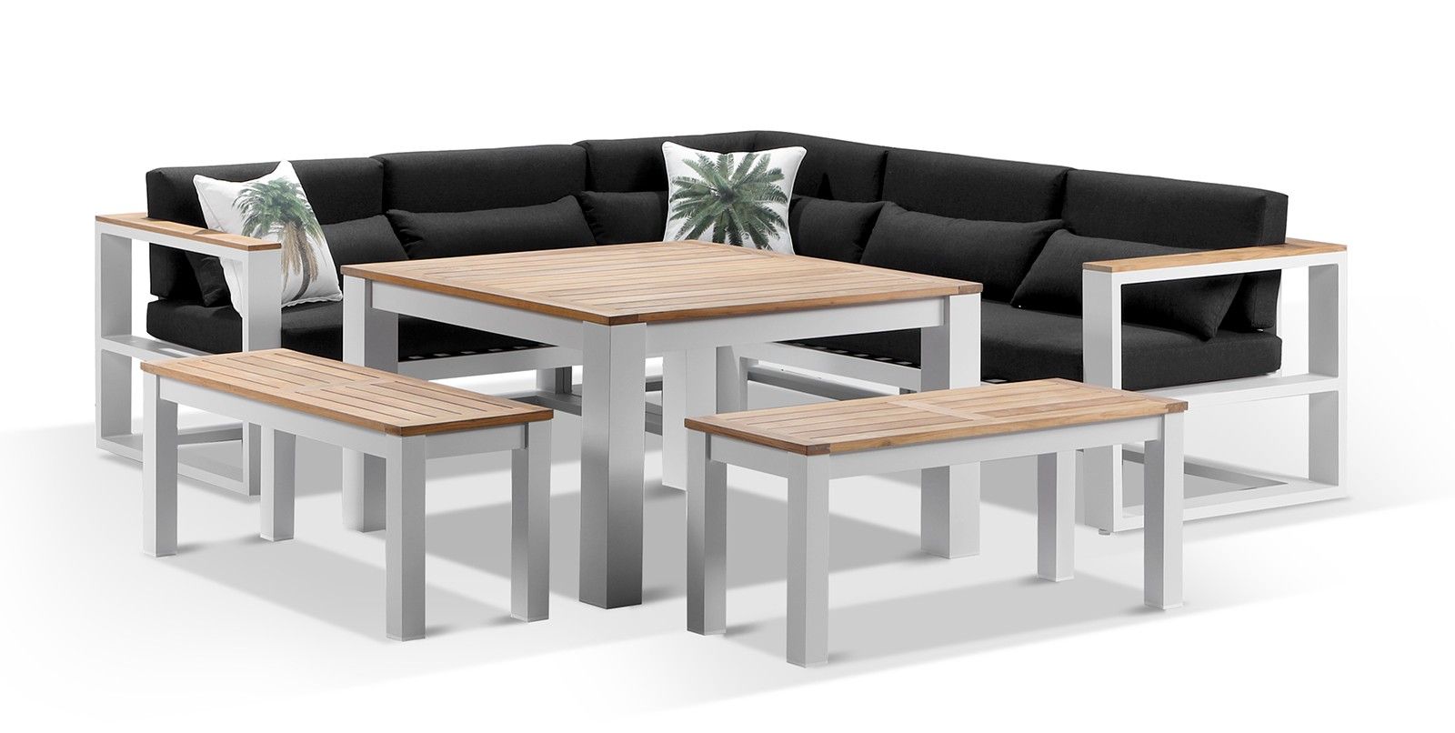 "Newport" Hamptons Style Outdoor Aluminium Lounge & Dining Setting in White with Denim Grey Cushions