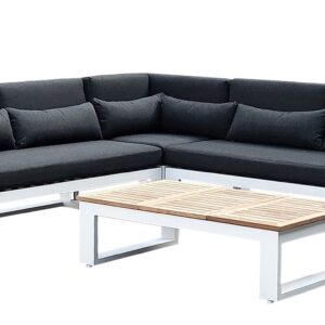 wp-image-tigress-36883.jpg "Newport" Hamptons Style Outdoor Aluminium and Teak Lounge Setting with Coffee Table in White with Denim Grey Cushions