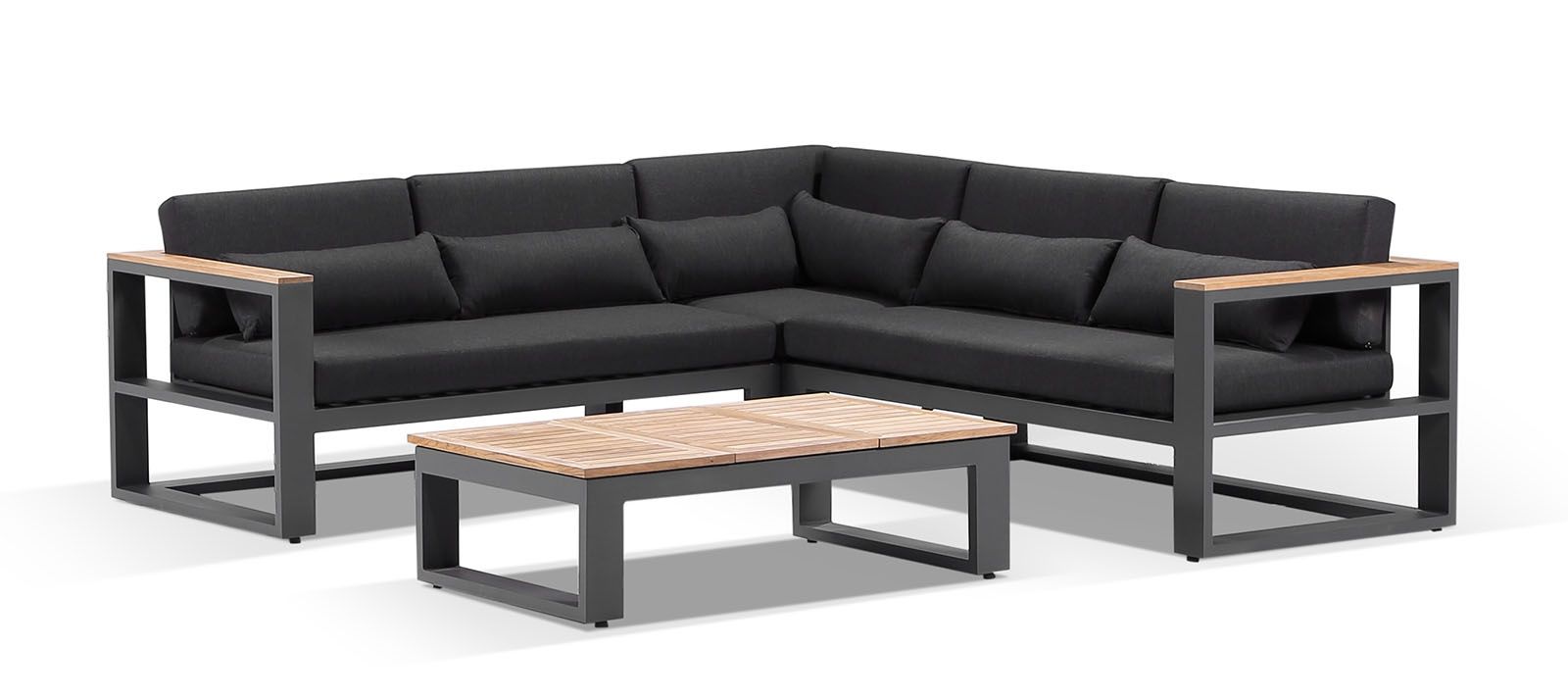 "Newport" Hamptons Style Outdoor Aluminium and Teak Lounge Setting with Coffee Table in Charcoal with Denim Grey Cushions