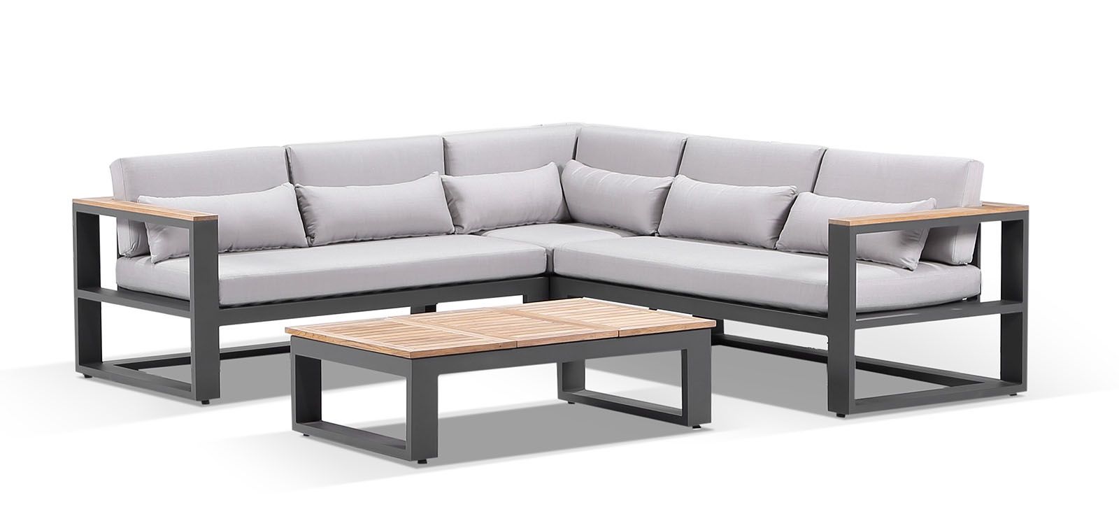 "Newport" Hamptons Style Outdoor Aluminium and Teak Lounge Setting with Coffee Table in Charcoal with Olefin Grey Cushions
