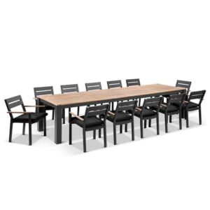 wp-image-tigress-36897.jpg "Newport" Hamptons Style Outdoor 3.55m Aluminium and Teak Top Dining Table with 12 Avalon Chairs in Charcoal