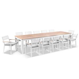 wp-image-tigress-36901.jpg "Newport" Hamptons Style Outdoor 3.55m Aluminium and Teak Top Dining Table with 12 Avalon Chairs in White