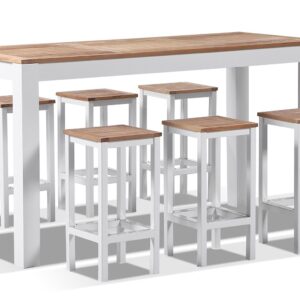 wp-image-tigress-36919.jpg "Newport" Hamptons Style Outdoor Aluminium and Teak 6 Seater Bar Setting in White