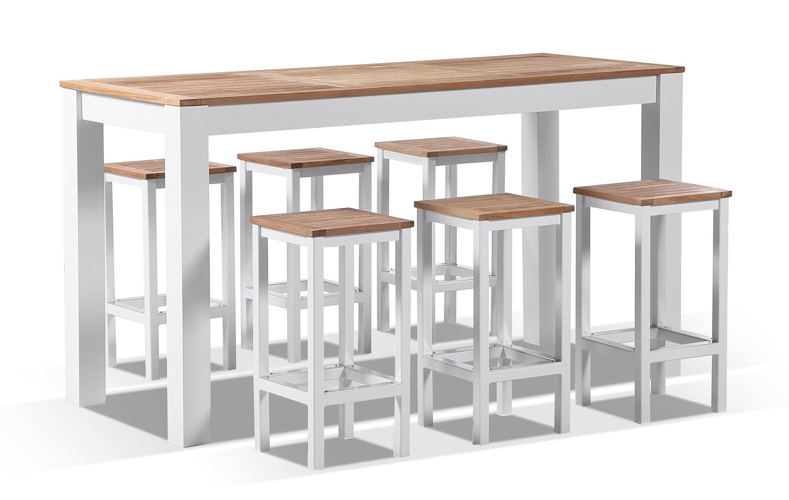 "Newport" Hamptons Style Outdoor Aluminium and Teak 6 Seater Bar Setting in White