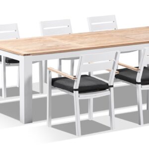 "Newport" Hamptons Style Outdoor 2.5m Aluminium and Teak Top Dining Setting with 8 Avalon Chairs in White