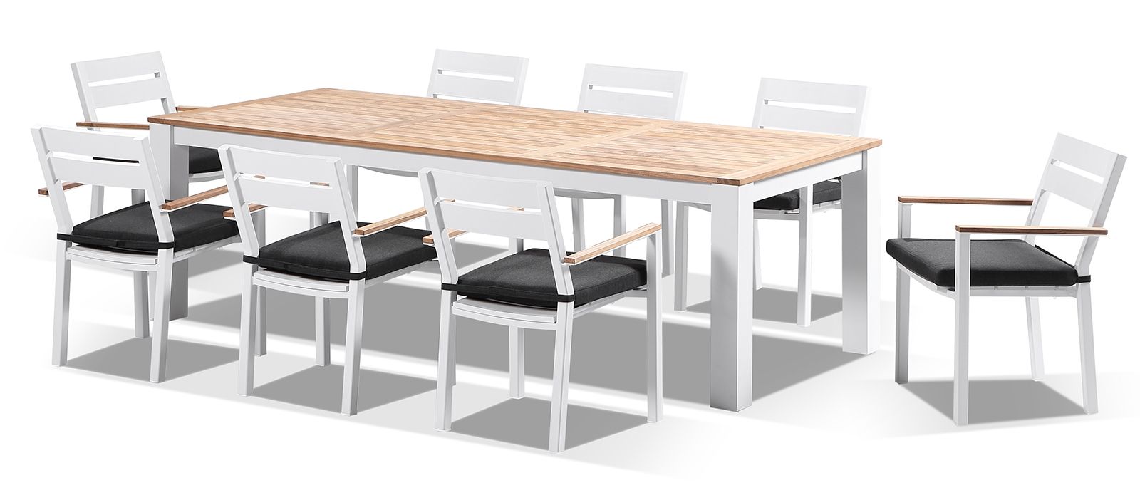 "Newport" Hamptons Style Outdoor 2.5m Aluminium and Teak Top Dining Setting with 8 Avalon Chairs in White - Image 3