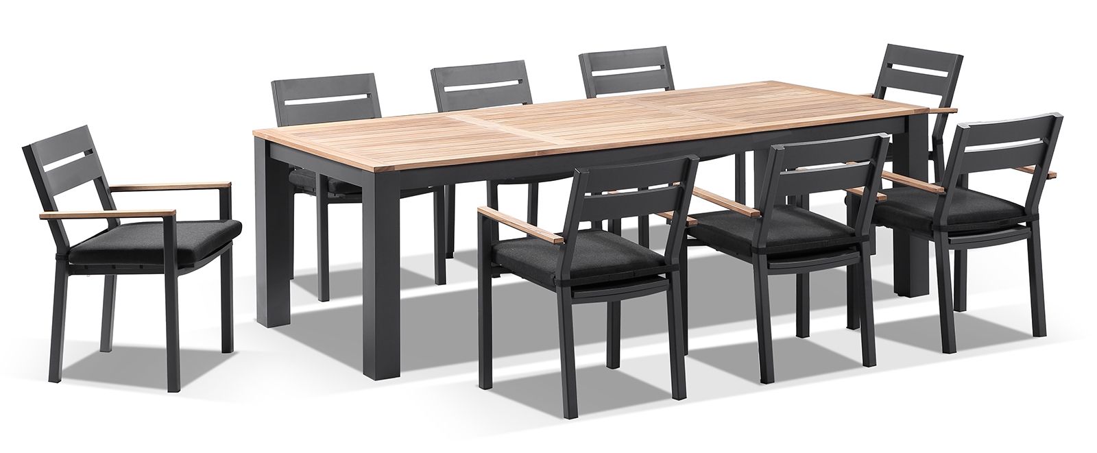 "Newport" Hamptons Style Outdoor 2.5m Aluminium and Teak Top Dining Setting with 8 Avalon Chairs in Charcoal