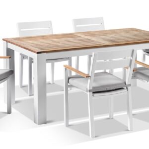 "Newport" Hamptons Style Outdoor 1.8m Aluminium and Teak Top Dining Setting with 6 Avalon Chairs in White