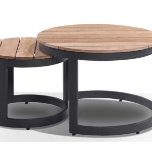 wp-image-tigress-36950.jpg "Newport" Hamptons Style Outdoor Round Aluminium and Teak Coffee Table Set in Charcoal