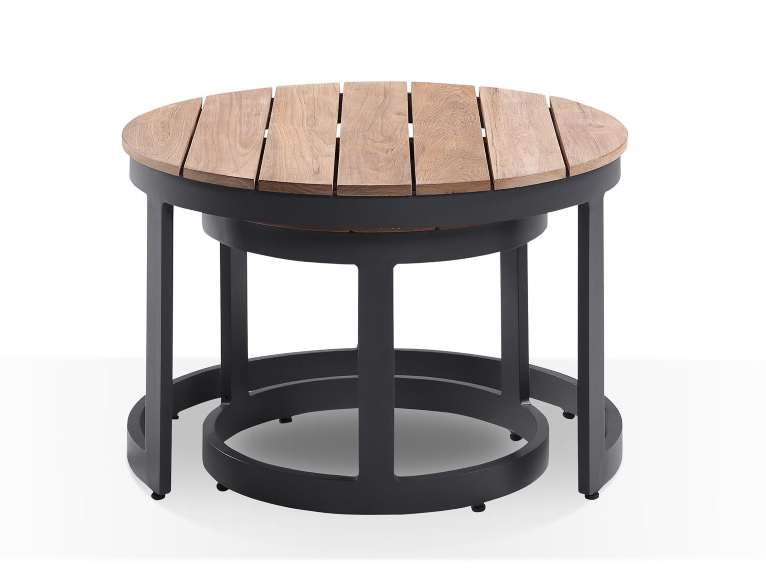 "Newport" Hamptons Style Outdoor Round Aluminium and Teak Coffee Table Set in Charcoal - Image 2