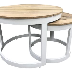 wp-image-tigress-36956.jpg "Newport" Hamptons Style Outdoor Round Aluminium and Teak Coffee Table Set in White