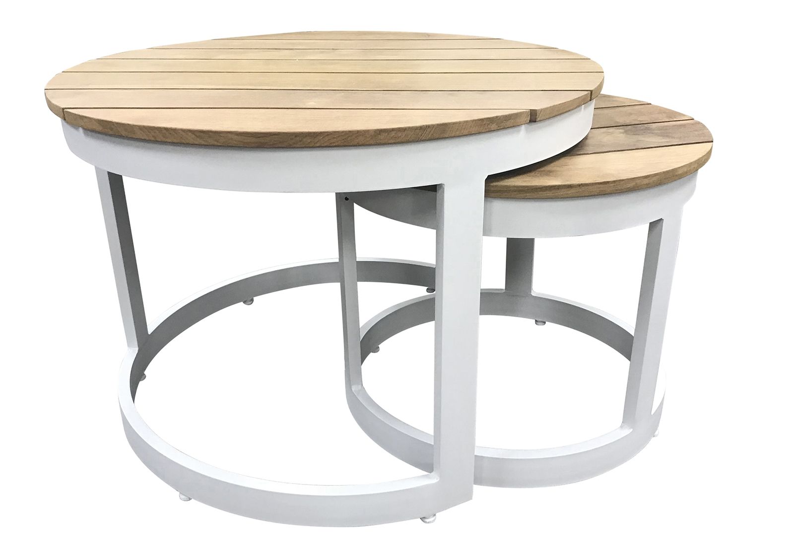 "Newport" Hamptons Style Outdoor Round Aluminium and Teak Coffee Table Set in White