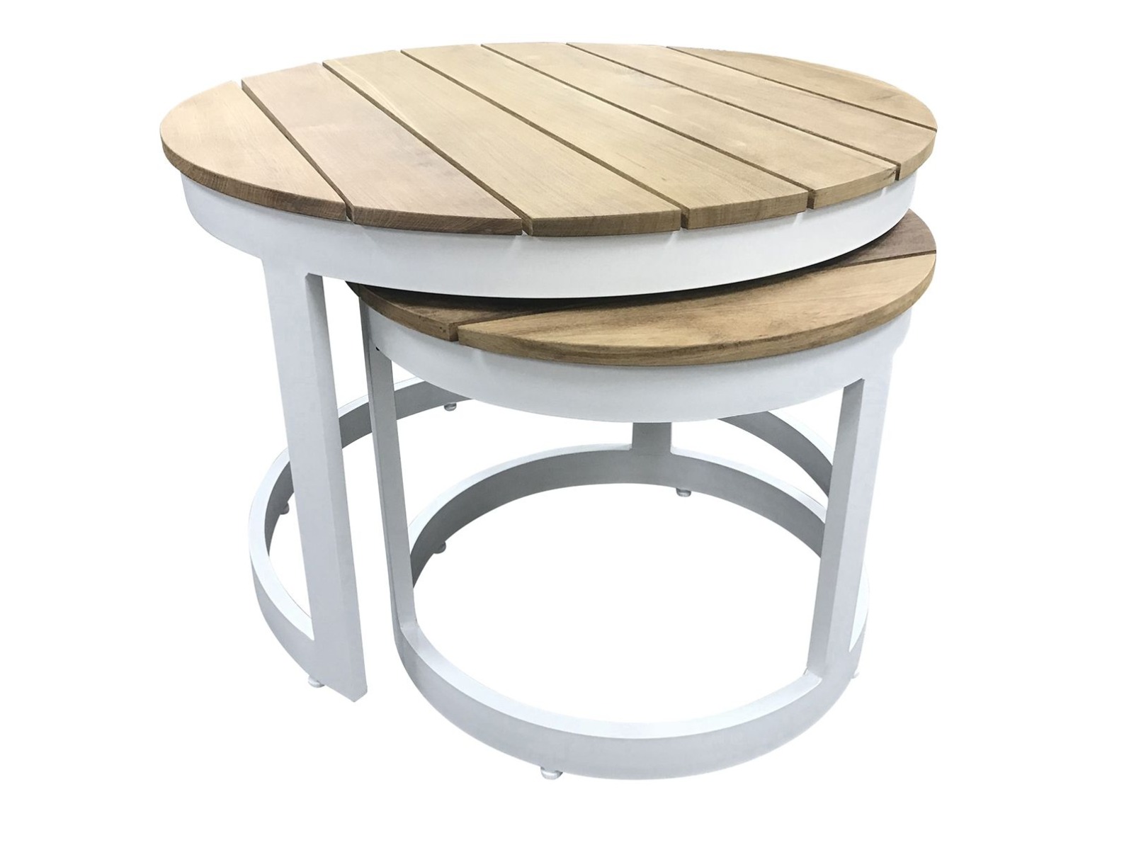"Newport" Hamptons Style Outdoor Round Aluminium and Teak Coffee Table Set in White - Image 2