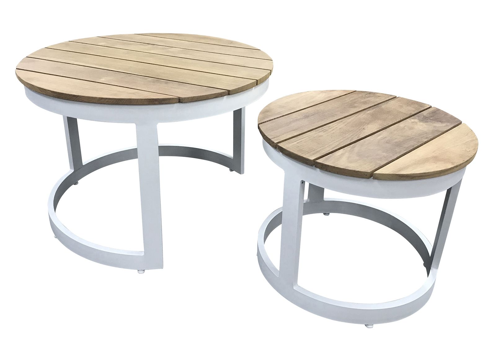 "Newport" Hamptons Style Outdoor Round Aluminium and Teak Coffee Table Set in White - Image 3