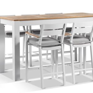 "Newport" Hamptons Style Outdoor 2m Aluminium and Teak Top Bar Table with 8 Avalon Bar Stools in White
