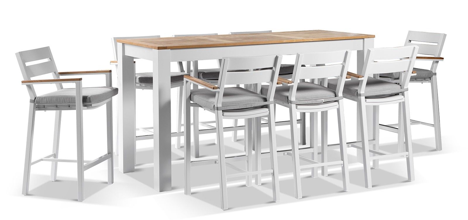 "Newport" Hamptons Style Outdoor 2m Aluminium and Teak Top Bar Table with 8 Avalon Bar Stools in White