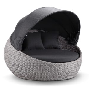 wp-image-tigress-37045.jpg "Cancun" Hamptons Style Outdoor Wicker Round Daybed with Canopy in Brushed Grey with Denim Cushions, 160cm Diameter