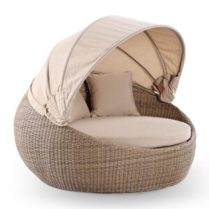 wp-image-tigress-37049.jpg "Cancun" Hamptons Style Outdoor Wicker Round Daybed with Canopy in Brushed Wheat with Sand Cushions, 160cm Diameter