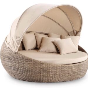wp-image-tigress-37053.jpg "Cancun" Hamptons Style Outdoor Wicker Large Round Daybed with Canopy in Brushed Wheat with Sand Cushions, 200cm Diameter