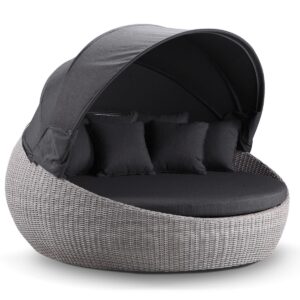 wp-image-tigress-37059.jpg "Cancun" Hamptons Style Outdoor Wicker Large Round Daybed with Canopy in Brushed Grey with Denim Cushions, 200cm Diameter