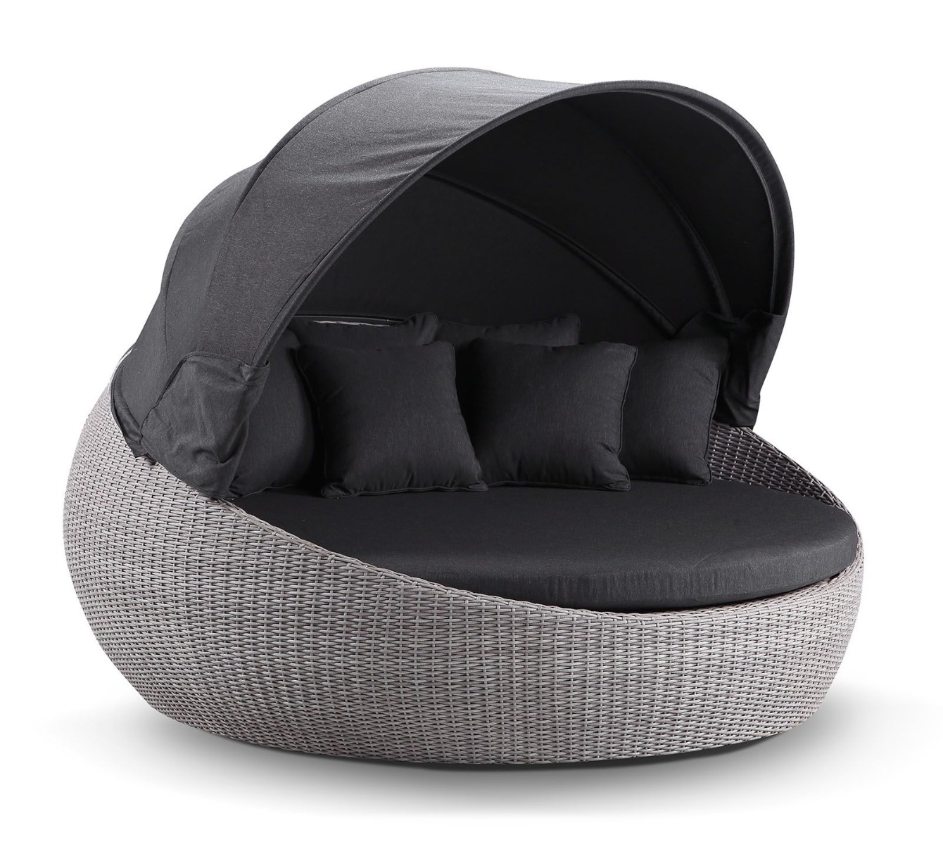 "Cancun" Hamptons Style Outdoor Wicker Large Round Daybed with Canopy in Brushed Grey with Denim Cushions, 200cm Diameter