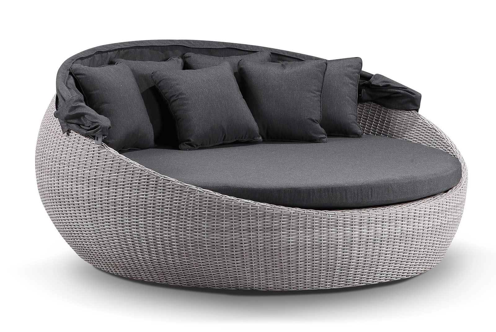 "Cancun" Hamptons Style Outdoor Wicker Large Round Daybed with Canopy in Brushed Grey with Denim Cushions, 200cm Diameter - Image 2