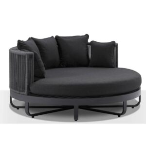 wp-image-tigress-37087.jpg "Coolum" Hamptons Style Outdoor Aluminium Round Daybed in Charcoal with Denim Cushions, L160cm x D160cm x H74cm