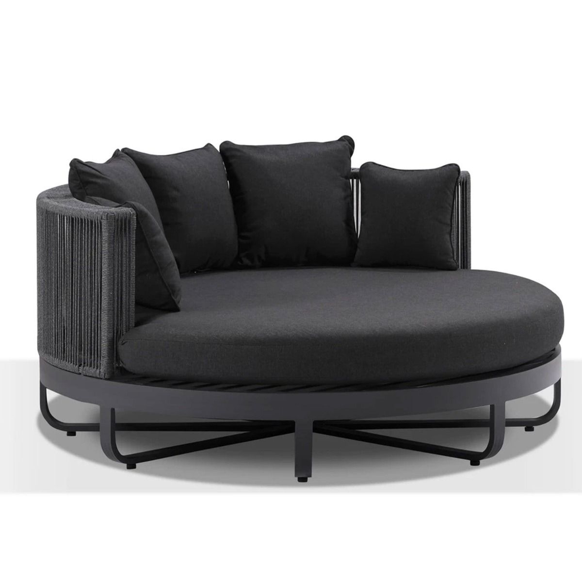 "Coolum" Hamptons Style Outdoor Aluminium Round Daybed in Charcoal with Denim Cushions, L160cm x D160cm x H74cm