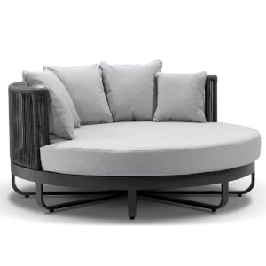 wp-image-tigress-37093.jpg "Coolum" Hamptons Style Outdoor Aluminium Round Daybed in Charcoal with Olefin Grey Cushions, L160cm x D160cm x H74cm