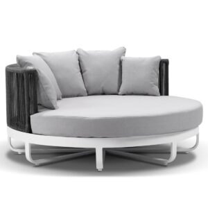 wp-image-tigress-37105.jpg "Coolum" Hamptons Style Outdoor Aluminium Round Daybed in White with Olefin Grey Cushions, L160cm x D160cm x H74cm