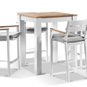 wp-image-tigress-37227.jpg "Newport" Hamptons Style Outdoor Square Aluminium and Teak Top Bar Table with 4 Avalon Bar Stools in White