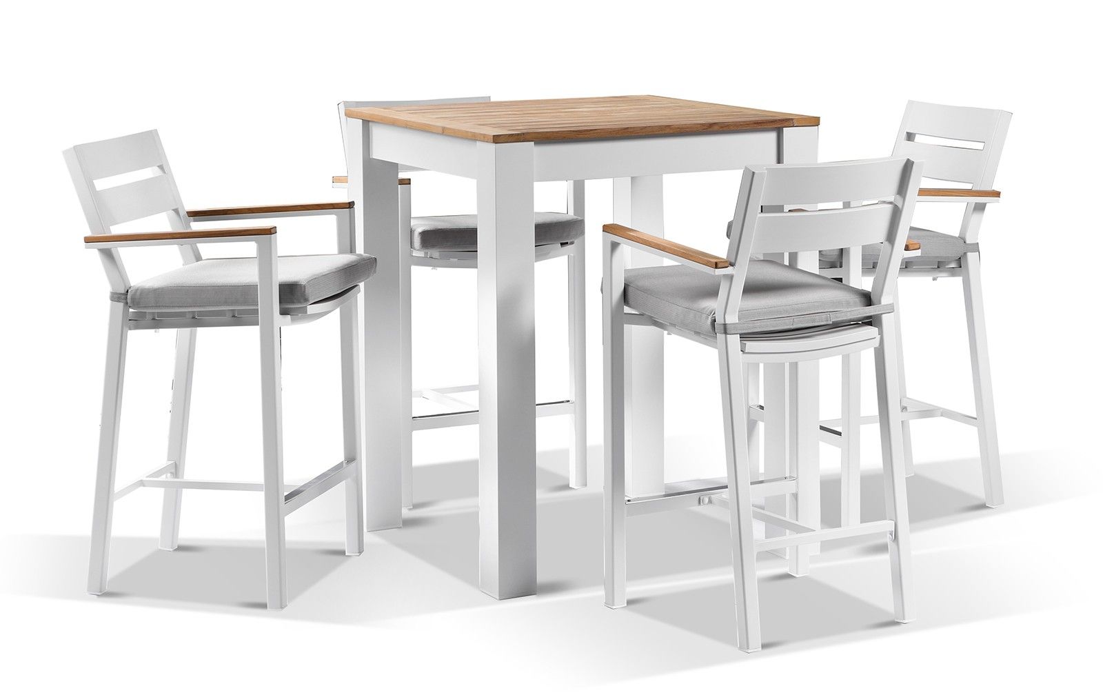 "Newport" Hamptons Style Outdoor Square Aluminium and Teak Top Bar Table with 4 Avalon Bar Stools in White