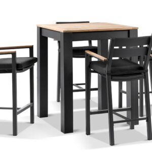 wp-image-tigress-37232.jpg "Newport" Hamptons Style Outdoor Square Aluminium and Teak Top Bar Table with 4 Avalon Bar Stools in Charcoal