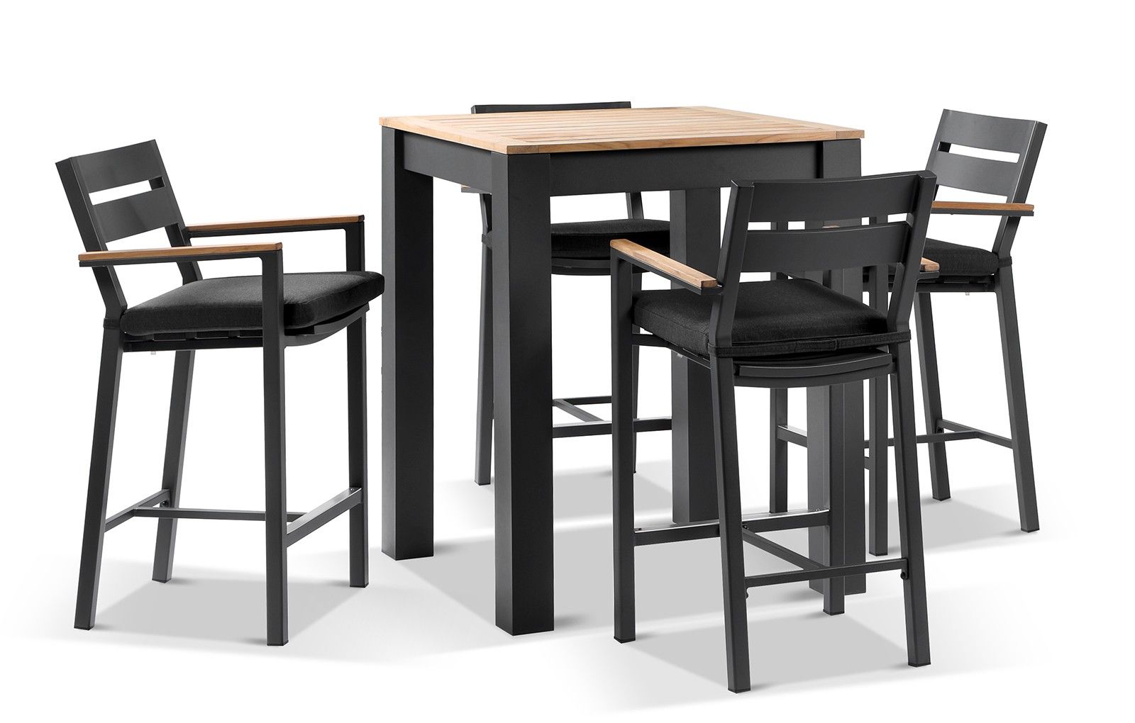 "Newport" Hamptons Style Outdoor Square Aluminium and Teak Top Bar Table with 4 Avalon Bar Stools in Charcoal