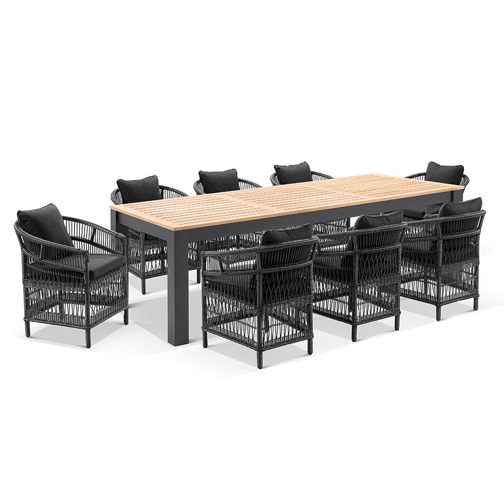 "Newport" Hamptons Style Outdoor 2.5m Aluminium and Teak Top Dining Setting with 8 Malawi Chairs in Charcoal
