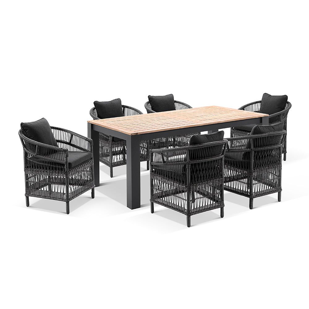 "Newport" Hamptons Style Outdoor 1.8m Aluminium and Teak Top Dining Setting with 6 Malawi Chairs in Charcoal