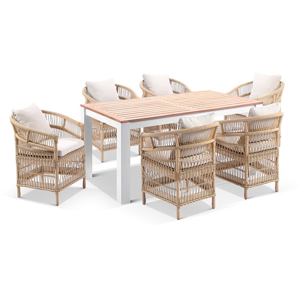 "Newport" Hamptons Style Outdoor 1.8m Aluminium and Teak Top Dining Setting with 6 Malawi Chairs in White