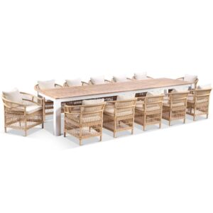 wp-image-tigress-37255.jpg "Newport" Hamptons Style Outdoor 3.55m Aluminium and Teak Top Dining Setting with 12 Malawi Chairs in White