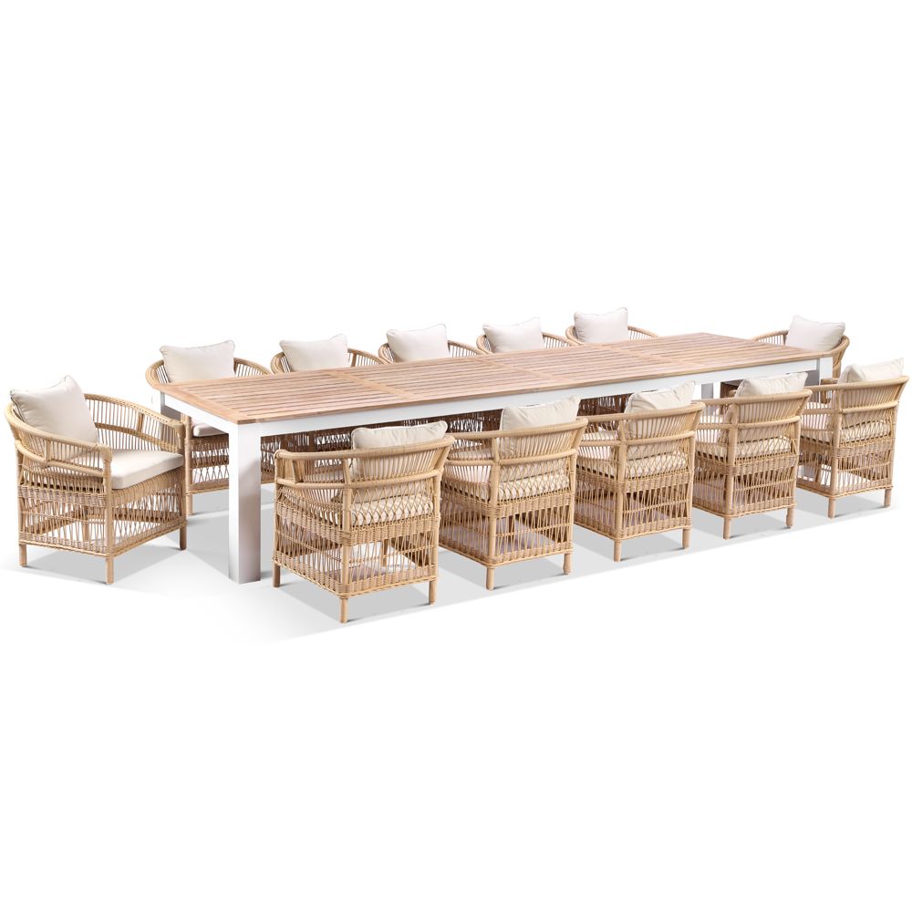 "Newport" Hamptons Style Outdoor 3.55m Aluminium and Teak Top Dining Setting with 12 Malawi Chairs in White