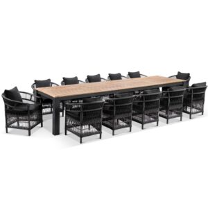 "Newport" Hamptons Style Outdoor 3.55m Aluminium and Teak Top Dining Setting with 12 Malawi Chairs in Charcoal