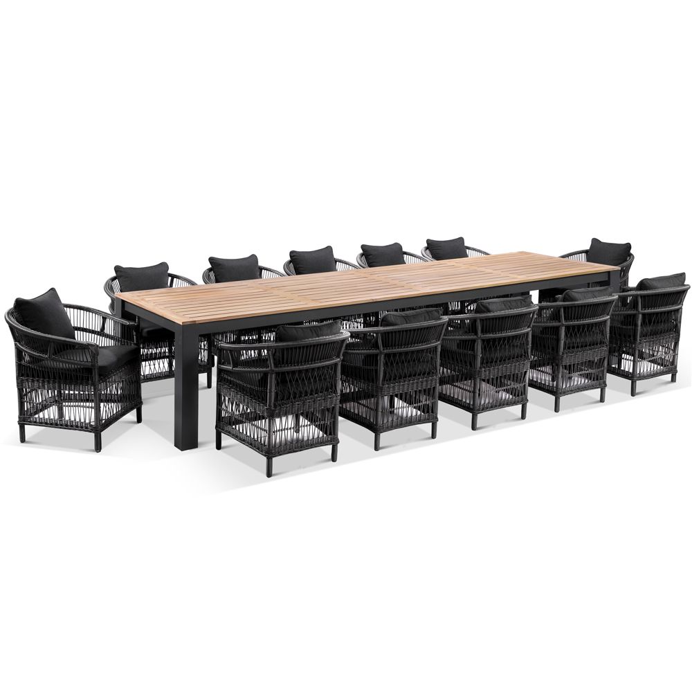 "Newport" Hamptons Style Outdoor 3.55m Aluminium and Teak Top Dining Setting with 12 Malawi Chairs in Charcoal