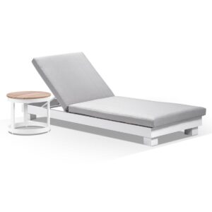 wp-image-tigress-37366.jpeg "Hawaii" Hamptons Style Aluminium Sun Lounge in White with Olefin Grey Cushion & Teak Look Round Side Table
