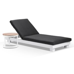 wp-image-tigress-37369.jpeg "Hawaii" Hamptons Style Aluminium Sun Lounge in White with Denim Grey Cushion & Teak Look Round Side Table